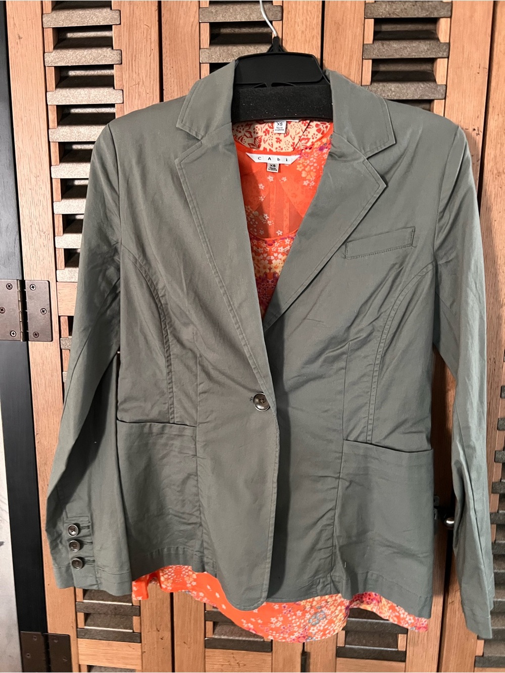 CAbi Olive Green Single-Button Blazer with Orange Floral Lining